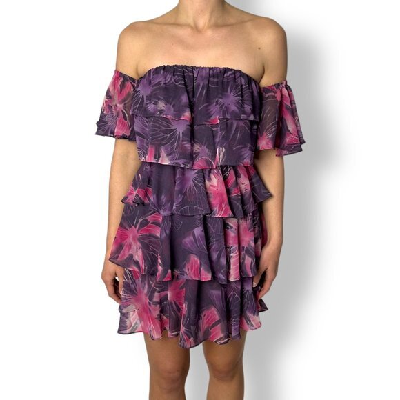 Misa Lucila Floral Mini Dress Tiered Ruffles Off Shoulder Pink Purple Sz M - Picture 1 of 11